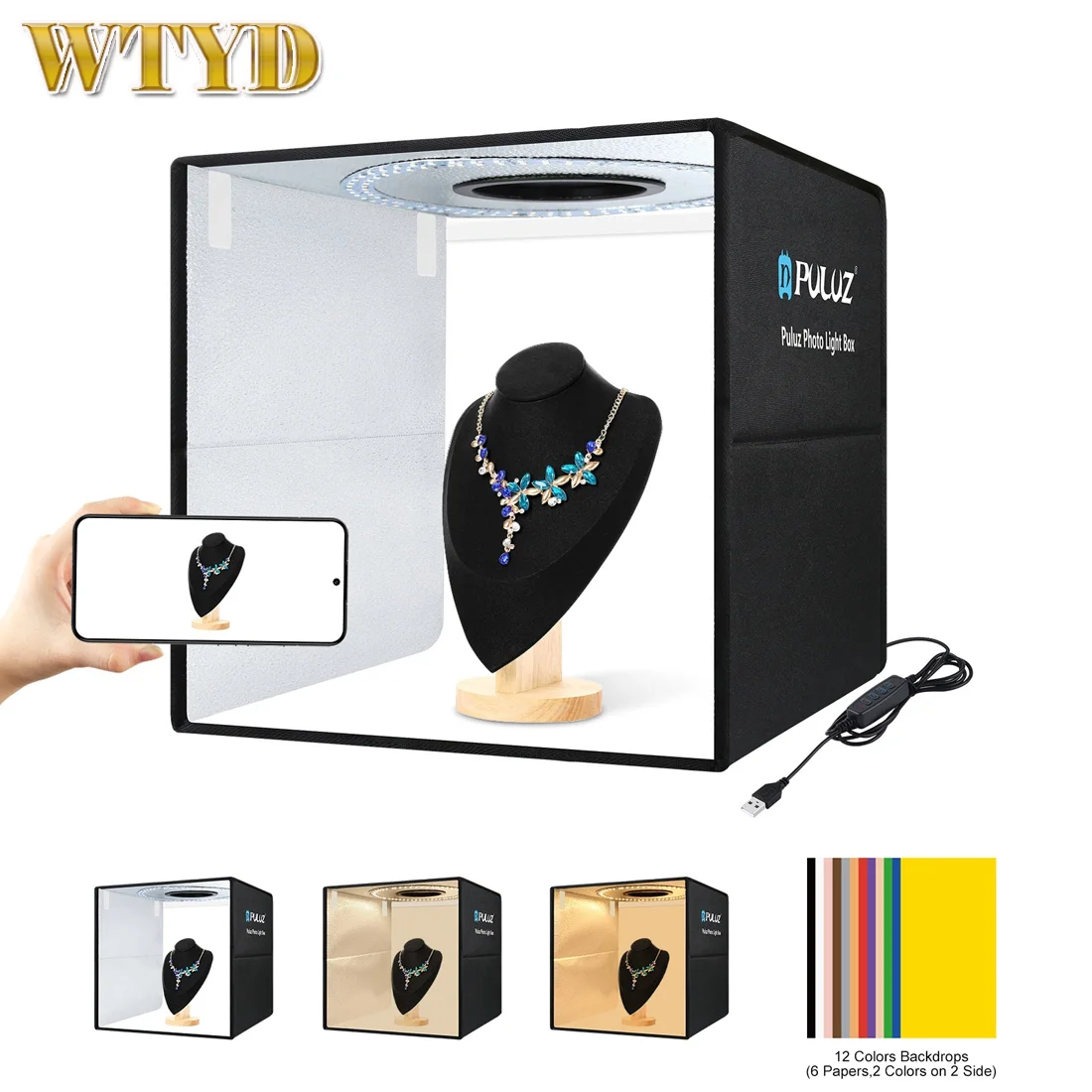 PULUZ 40cm Folding Portable Ring Light USB Photo Lighting Studio Shooting Tent Box with 6 x Dual-side Color Backdrops