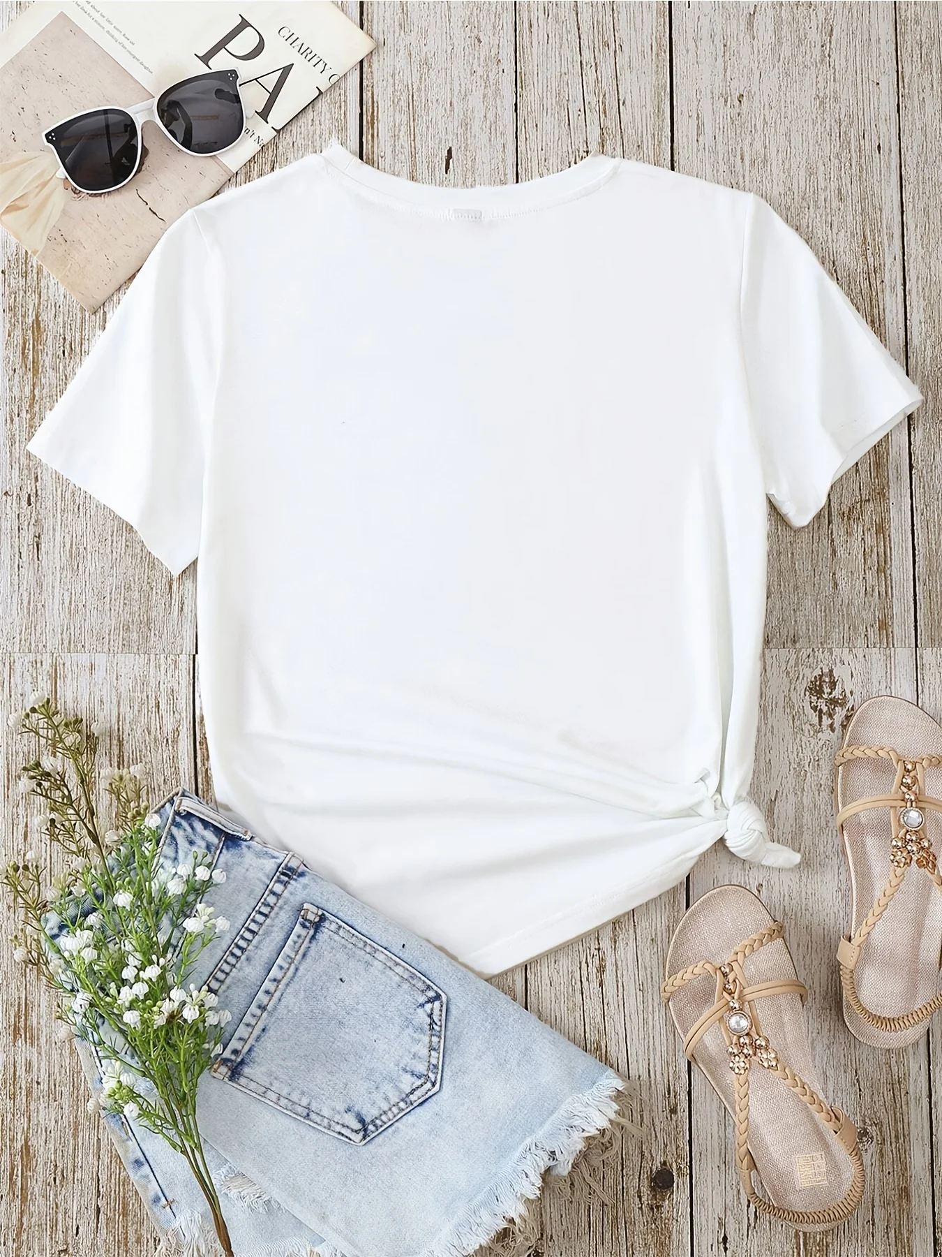 Flower & Feather Print T-shirt, Casual Short Sleeve Crew Neck T-shirt For Spring & Summer, Women's Clothing