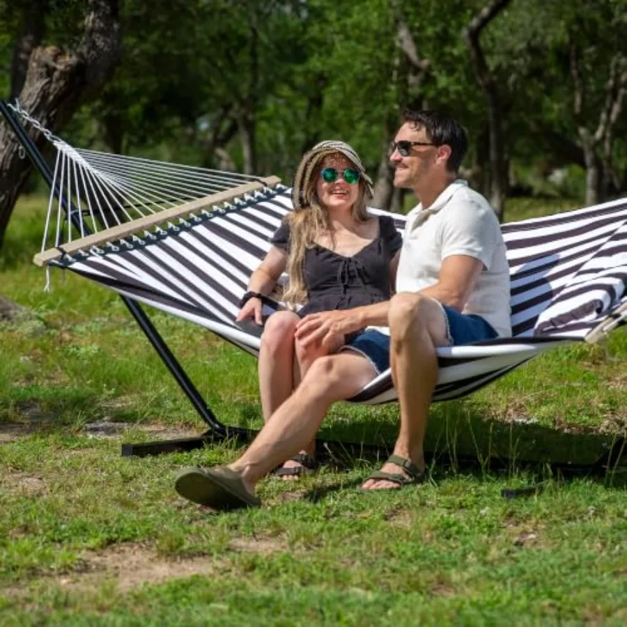 Two Person Hammock with 12ft Stand Included, Black Stripes Max 475lbs Capacity, Heavy Duty Free Standing Hammock