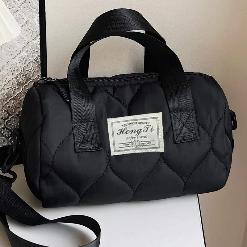 Daily Minimalist Padded Quilted Boston Bag Soft Nylon Fabric, All-match Ladies Shoulder Bag for Leisure Short Trips