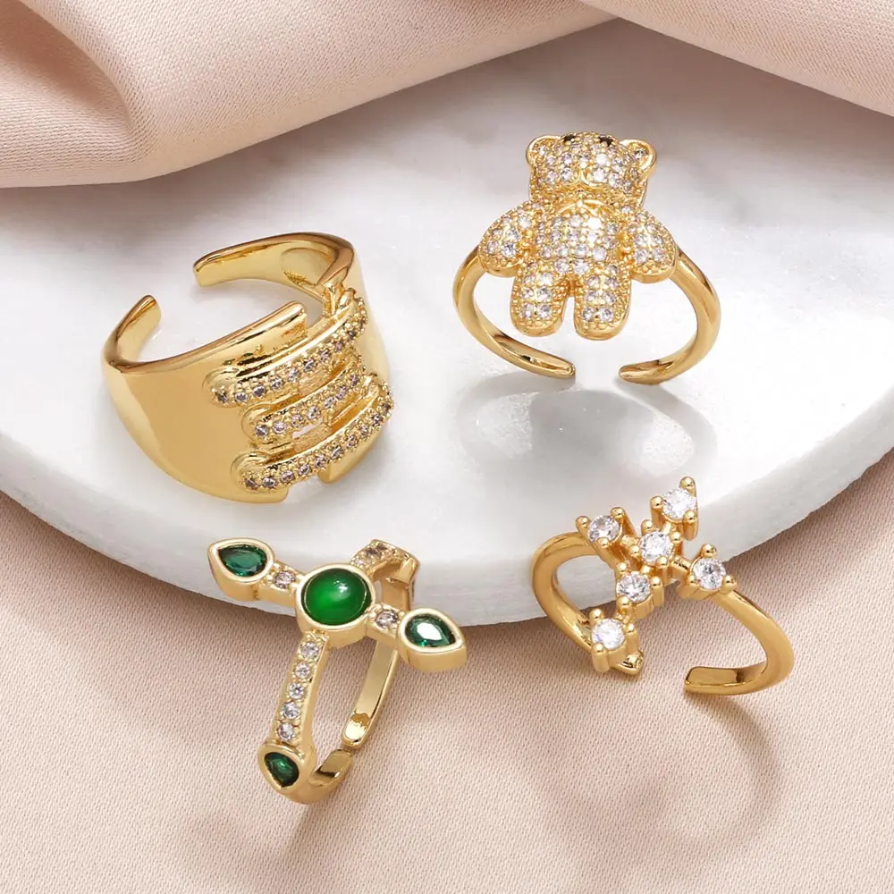 OCESRIO Fashion Mini White Crystal Cute Bear Rings for Women Copper Gold Plated Cross Open Ring Jewelry Women Gift rigs94