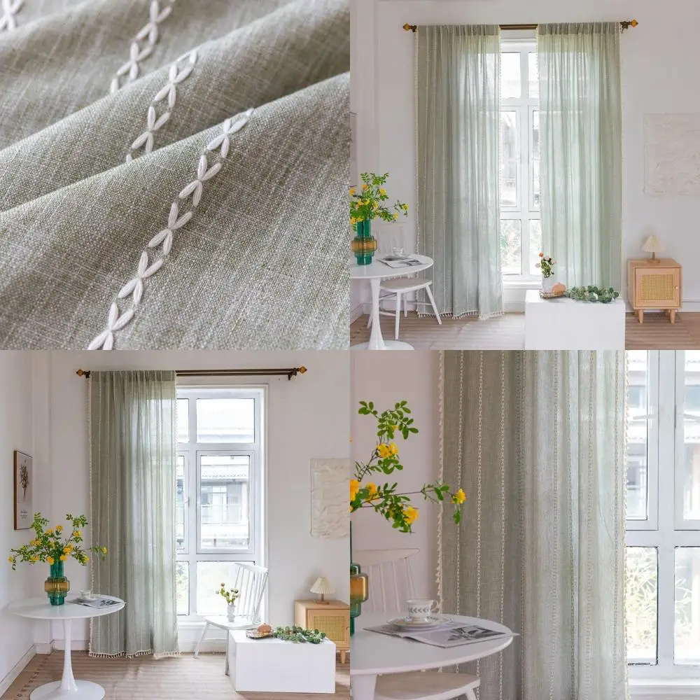 Rideaux à rayures en lin vert sauge, 84 longs, ensemble de 2 panneaux pour chambres à coucher et espaces de vie de style ferme Boho