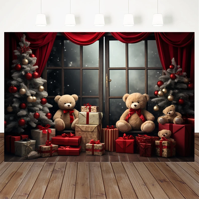Merry Christmas ภาพพื้นหลังสําหรับเด็กในร่มหน้าต่างบ้าน Xmas Tree หมีของขวัญการถ่ายภาพฉากหลังสตูดิโอ Photozone