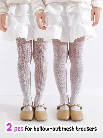 2Pcs Toddler Girl Hollow Mesh Tight 2-12Y Breathable Elastic Sheer Pantyhose For Summer Casual, Princess Outfits, Dress Matching
