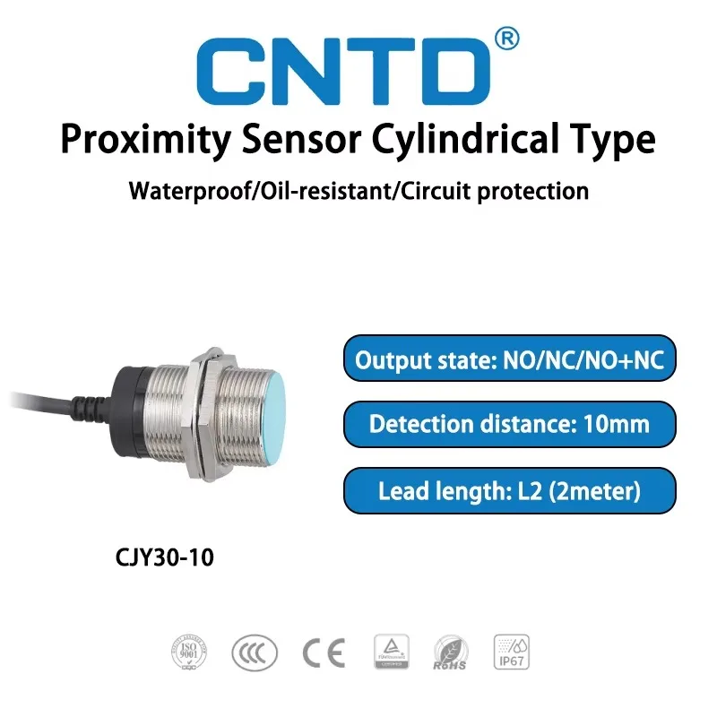 CNTD CJY30-10DLA-L2 M30 Proximity Sensor Inductive 10mm DC Two-Wire 12-24VDC Cable Type Nickel-Plated Brass Waterproof Oil-proof