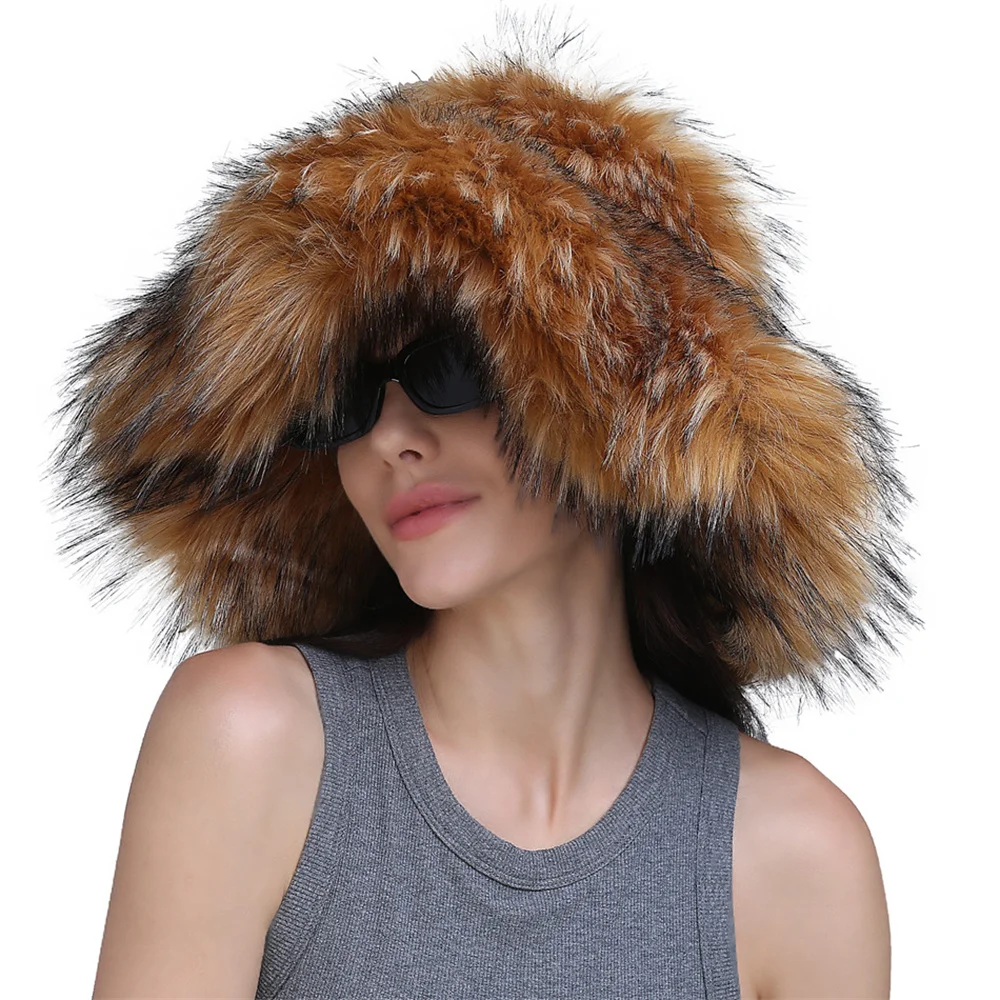 

2024 Fluffy Faux Fur Bucket Hats Women Fox Fur Warm Thick Plush Winter Hat Lady Fashion Luxury Panama Furry Fisherman Cap Y2k