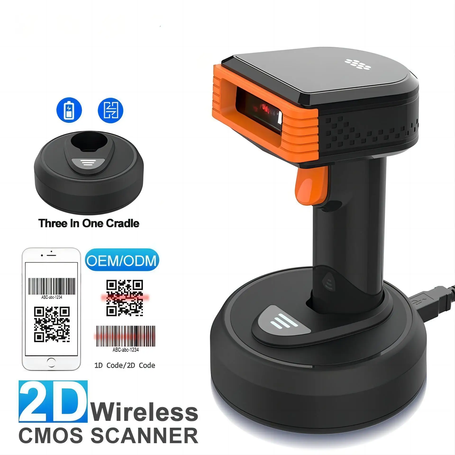 Handheld sem fio Barcode Reader com Cradle, Scanner 2D, QR Imager, PDF417 CMOS Coletor de Dados, 1D, PDF417