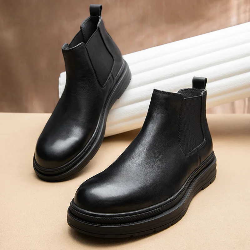 

Breathable Mens Casual Autumn Winter Men's Riding Boots Real Leather British High-top Shoes Men Chelsea Boots All-match Cowhide