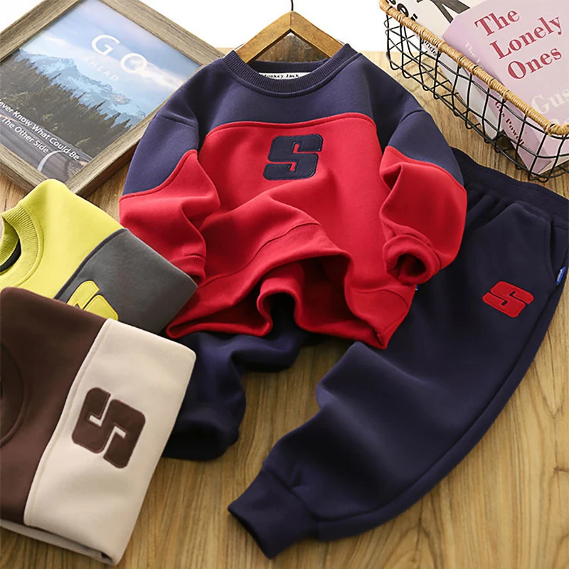 Spring Autumn Boys Clothing Set Patchwork Letter Sweatshirt Pants 2Pcs Suit For 2-6 Years Kids Sport Outfits Birthday Present