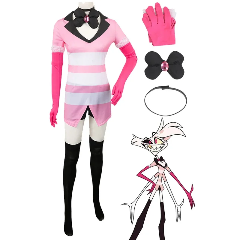 

Angel Dust Cosplay Fantasia Anime Cartoon Hotel Disguise Gloves Bow Tie Pink Dress Women Fantasy Halloween Carnival Party Cloth