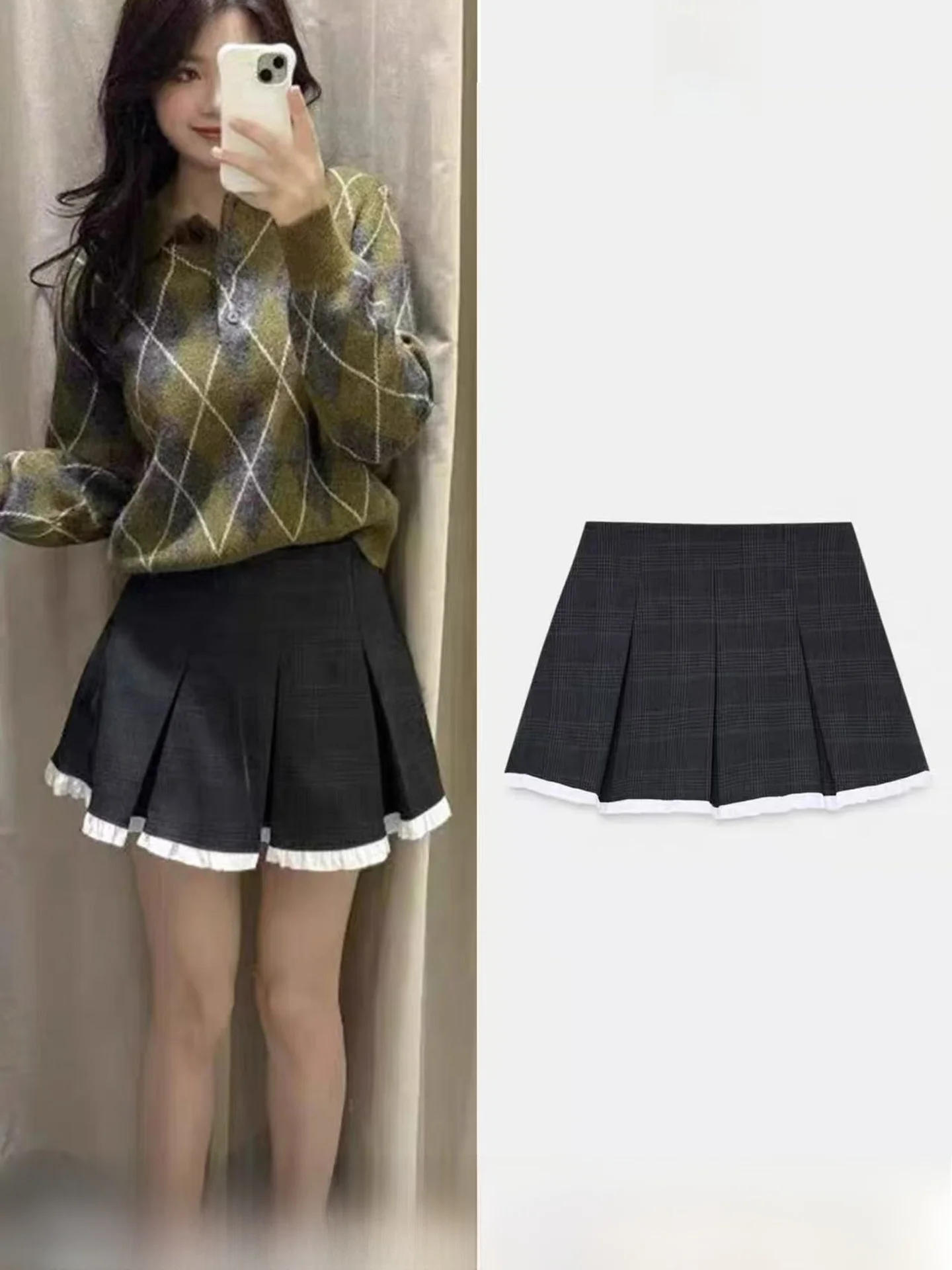 

Spring Autumn New Women's Fashion High Waist A-Line Color Block Plaid Wide Pleat Short Skirt Pants Girl Style Daily Wear