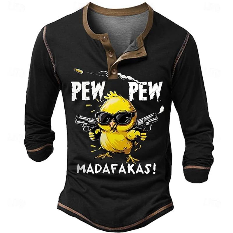 Fun Cartoon Men's Henry Long-Sleeve T-Shirt Pew Pew Chick Holding A Gun Print Color-Blocked Collar With Buttons Casual Top