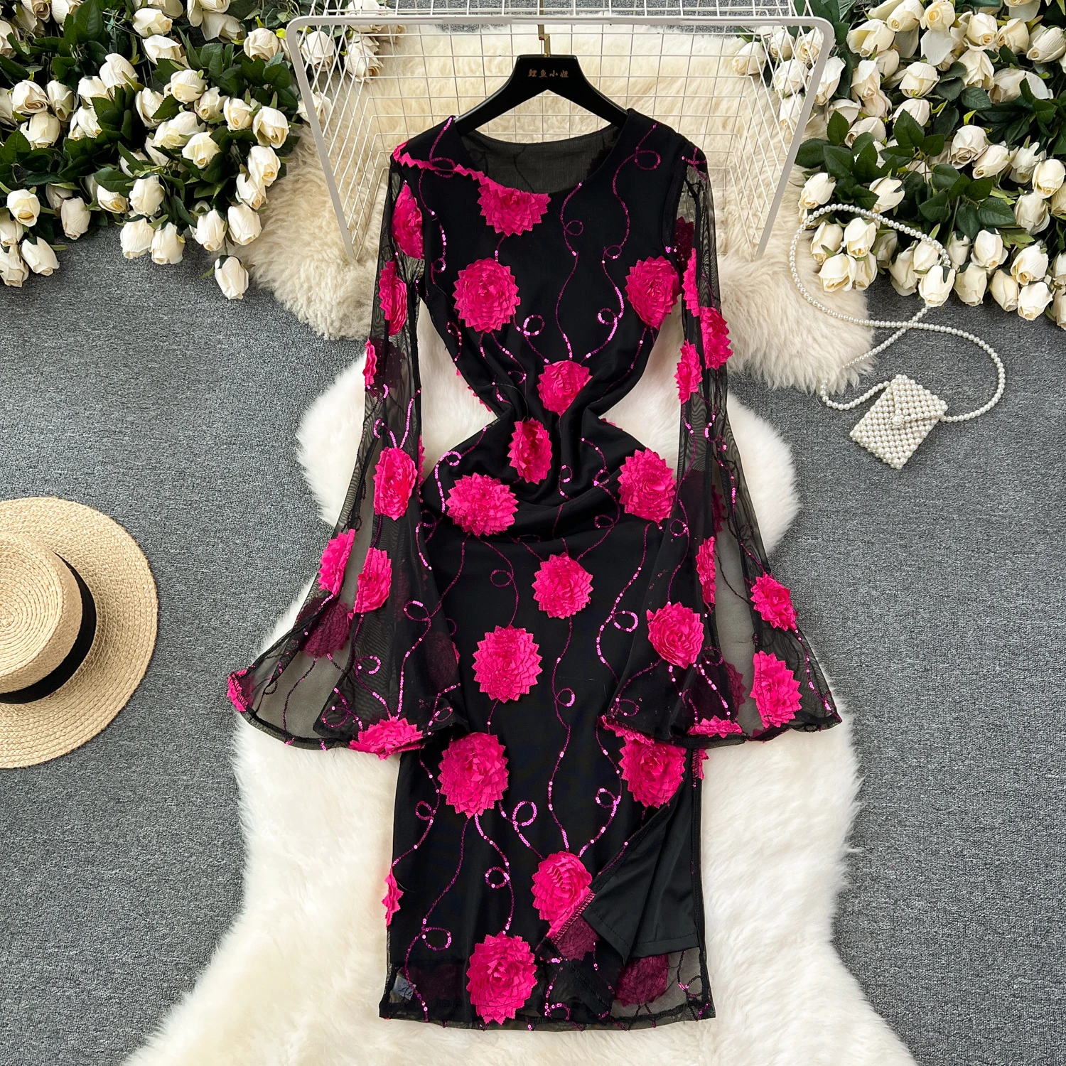 

Women Elegant Three-dimensional Flower Gauze flare Sleeve Dress Sexy Fashion pencil Slim Hip Wrap dresses