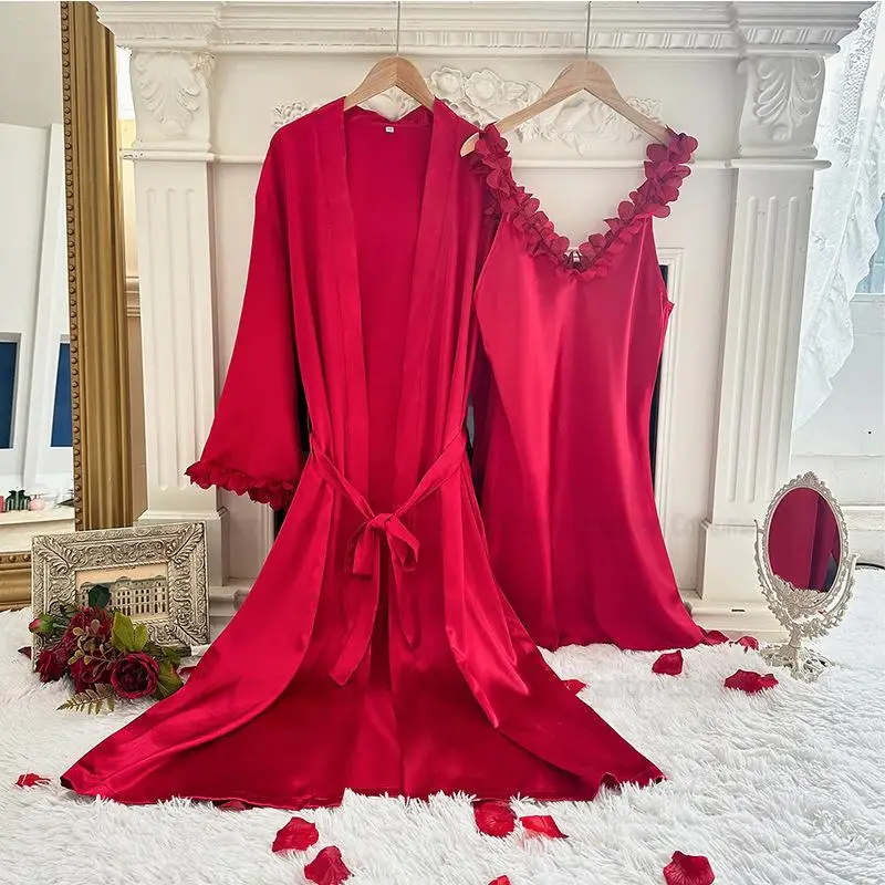 

Red 3D Flower Trim Robe Set Bride Party Kimono Bathrobe Gown Suit Lady Night Dress Satin Home Dressing Gown Lingerie Suit