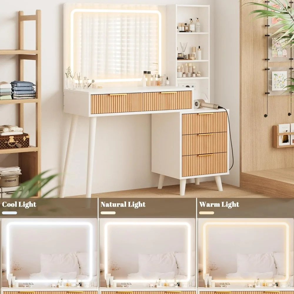 مكتب زينة بزاوية 44 بوصة مع مرآة وأضواء، مكتب زينة للمكياج مع مخرج طاقة، مكتب مكياج مع 5 أدراج وأرفف تخزين، زينة #4