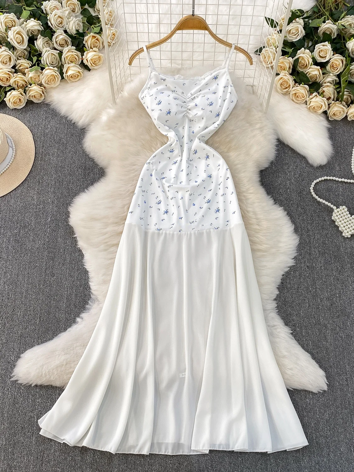 

Нежное шифоновое платье миди с цветочным принтом, без бретелек, для женщин, летнее, пляжное, для свиданий, с завышенной талией, А-силуэт, без...