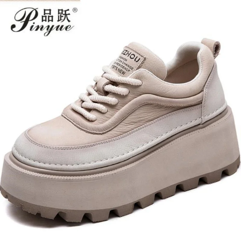 

6.5cm Women Mixed Colors Height Increasing Shoes Spring Autumn Cow Genuine Leather Round Toe Wedges Heel Platform Shoes 35-40