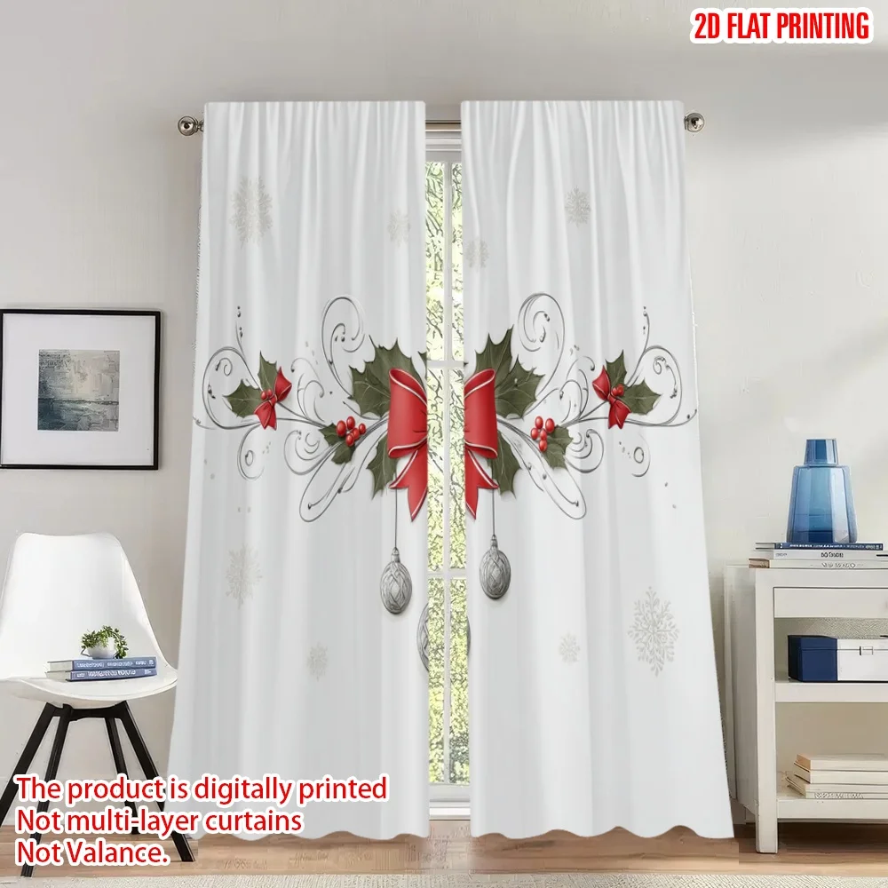 

2pcs 2D flat printing Merry Christmas Curtains Christmas Holly Bow Ornament_a Digital Printed Polyester Drapes Family Party for