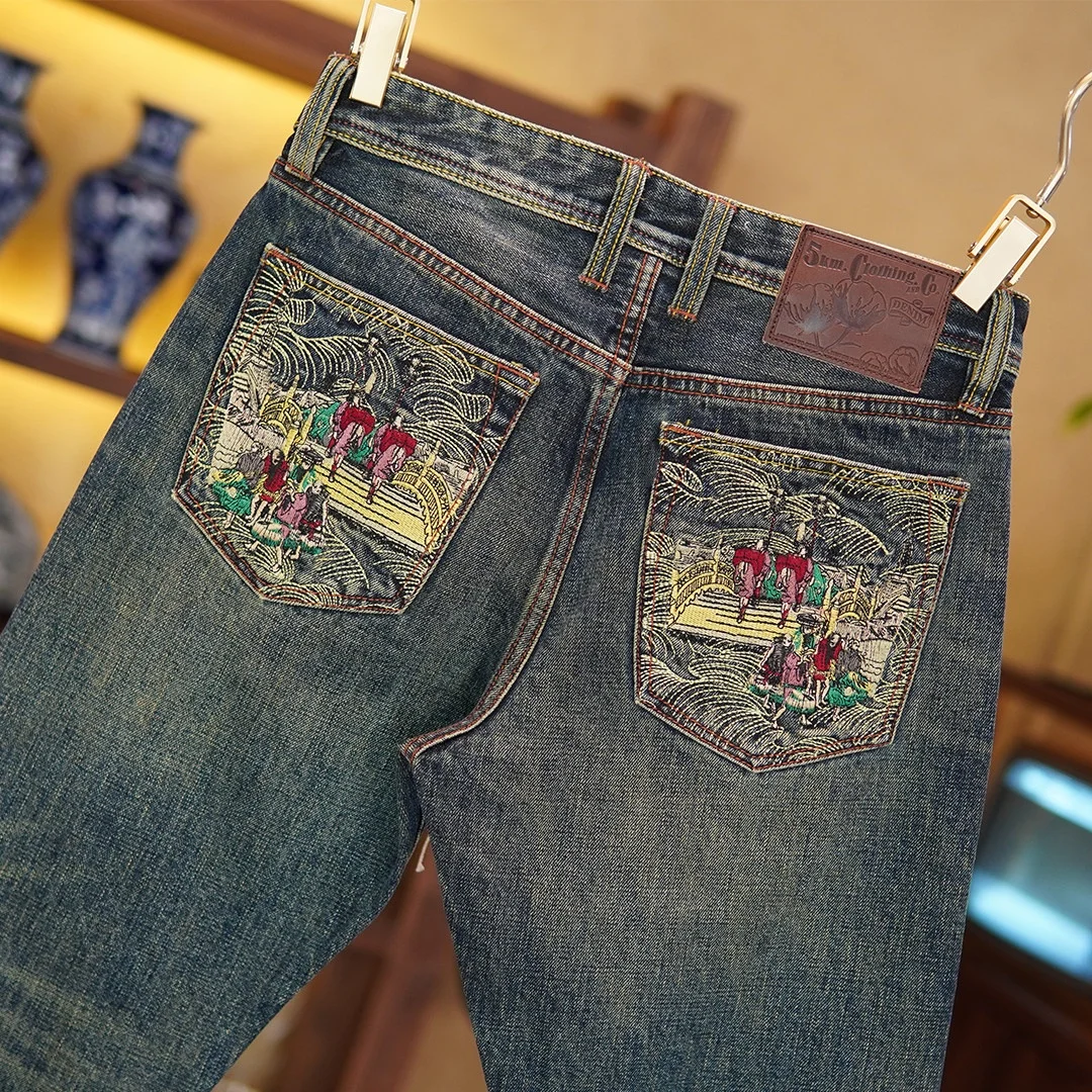 

Embroidered 14oz Selvedge Denim Jeans for Men Regular Straight Fit 100% Cotton American Vintage Casual Pants Spring Style 5KM