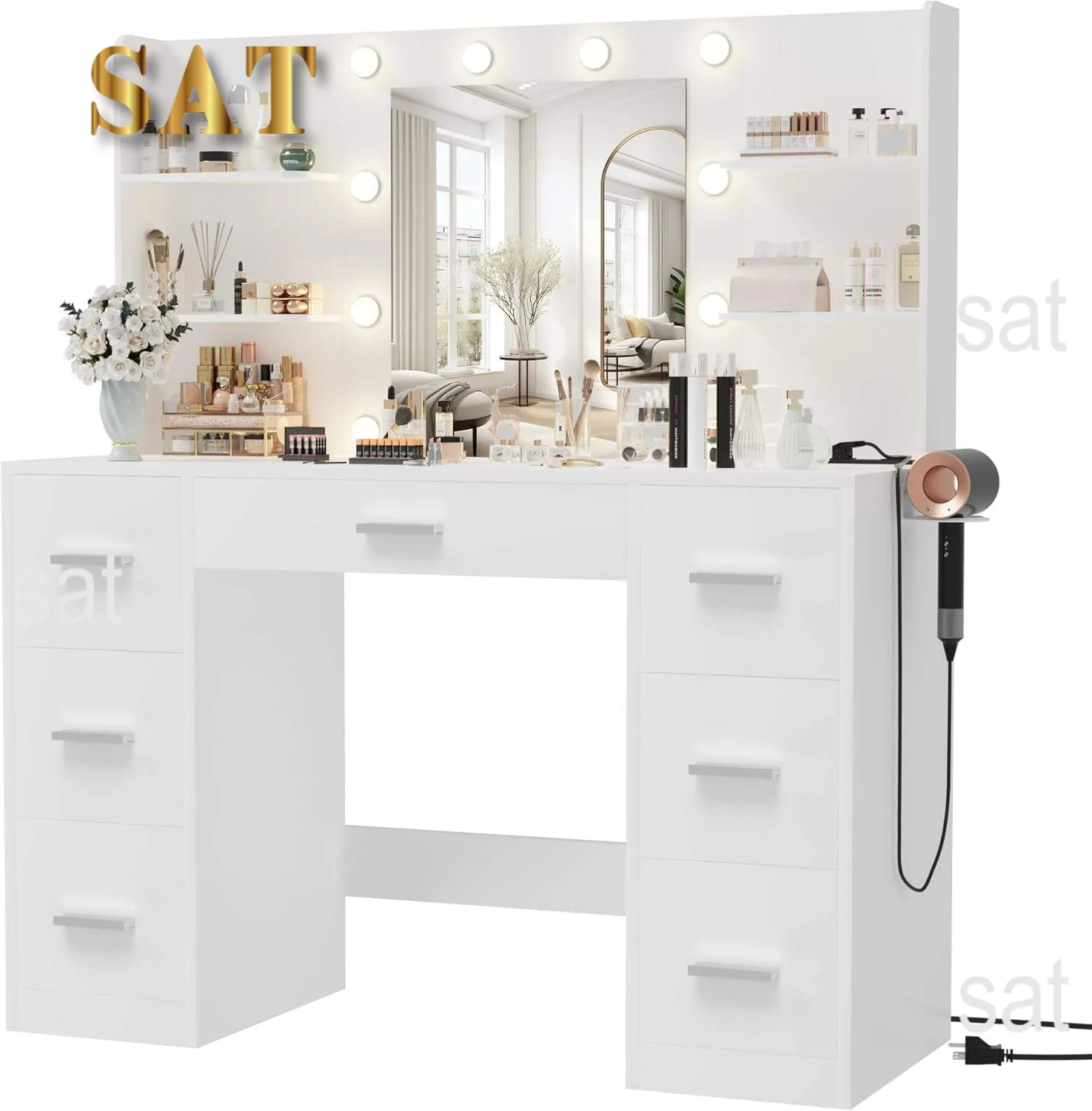 LK-Modern Bedroom Wood Makeup Vanity with LED Light Power Socket and 7 Drawers Elegant Dressing Table with Mirror#