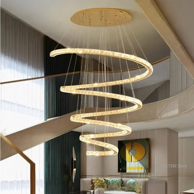 

GHEUVNJ Light luxury living room crystal chandelier villa long chandelier circular atmospheric hotel main light