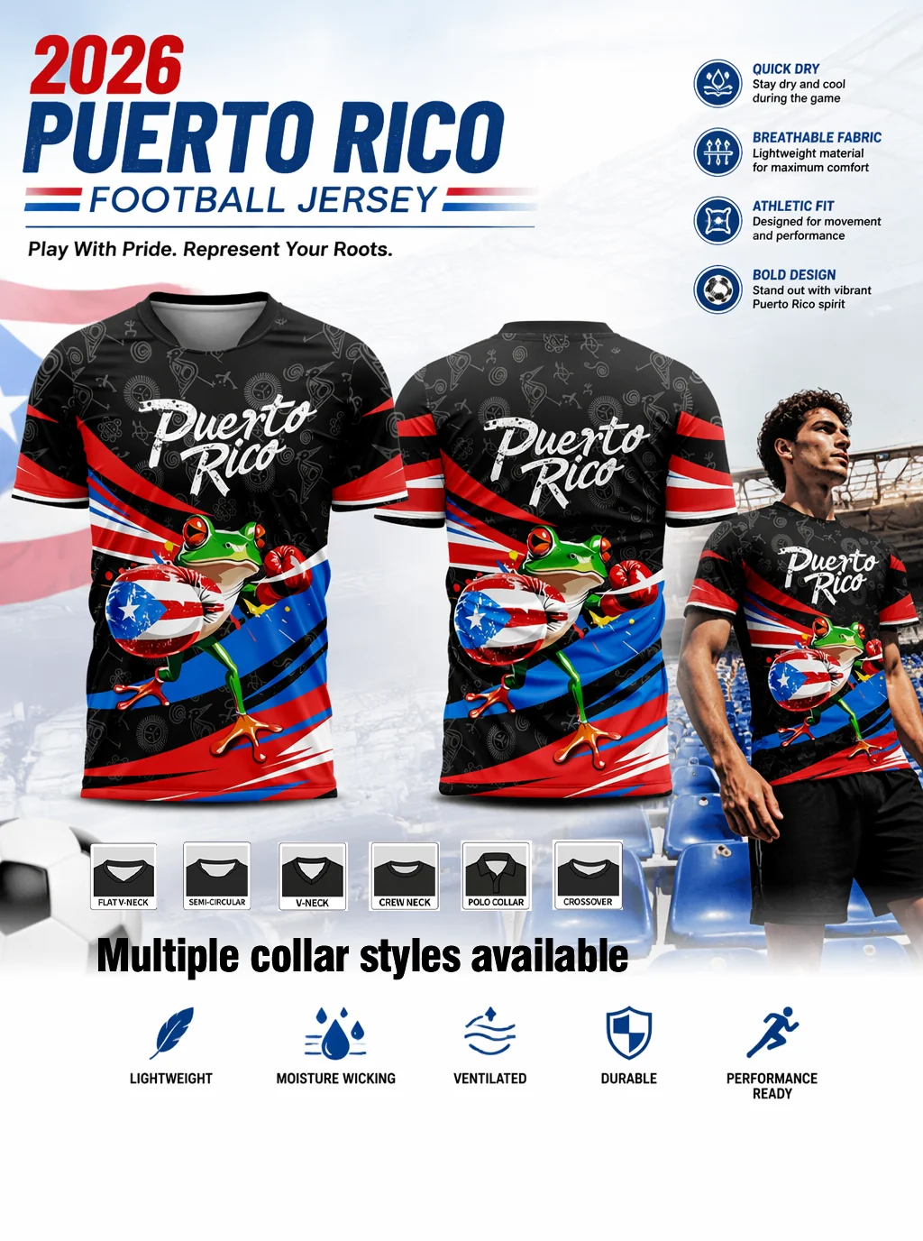 Fun frog‑graphic football jersey with vintage script lettering, skin‑friendly lightweight cloth for sports and street‑wear