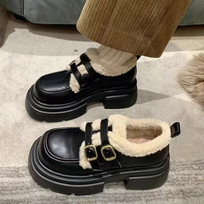 Winter British Style Small Leather Shoes for Women New Student's Japanese Vintage Plush Warm Cotton Shoes for Women Chunky Shoes