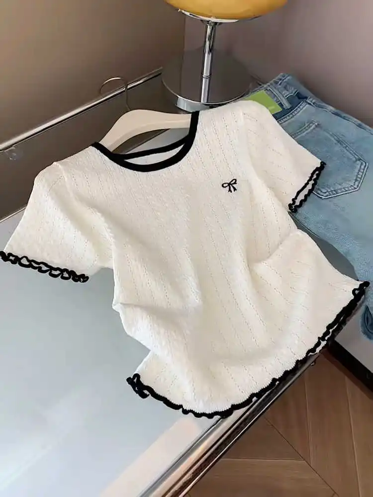 

Summer Thin Knitted Pleated oulder ort Sve T-irt Women's Chic White Bowknot U-Ne Loose Fit Commute Sle irt