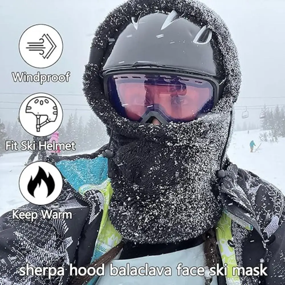 Fashion Plush Sherpa Hood Ski Mask Thickened Windproof Fleece Balaclava Hat Keep Warm Integrated Hat Scarf for Outdoor Sports