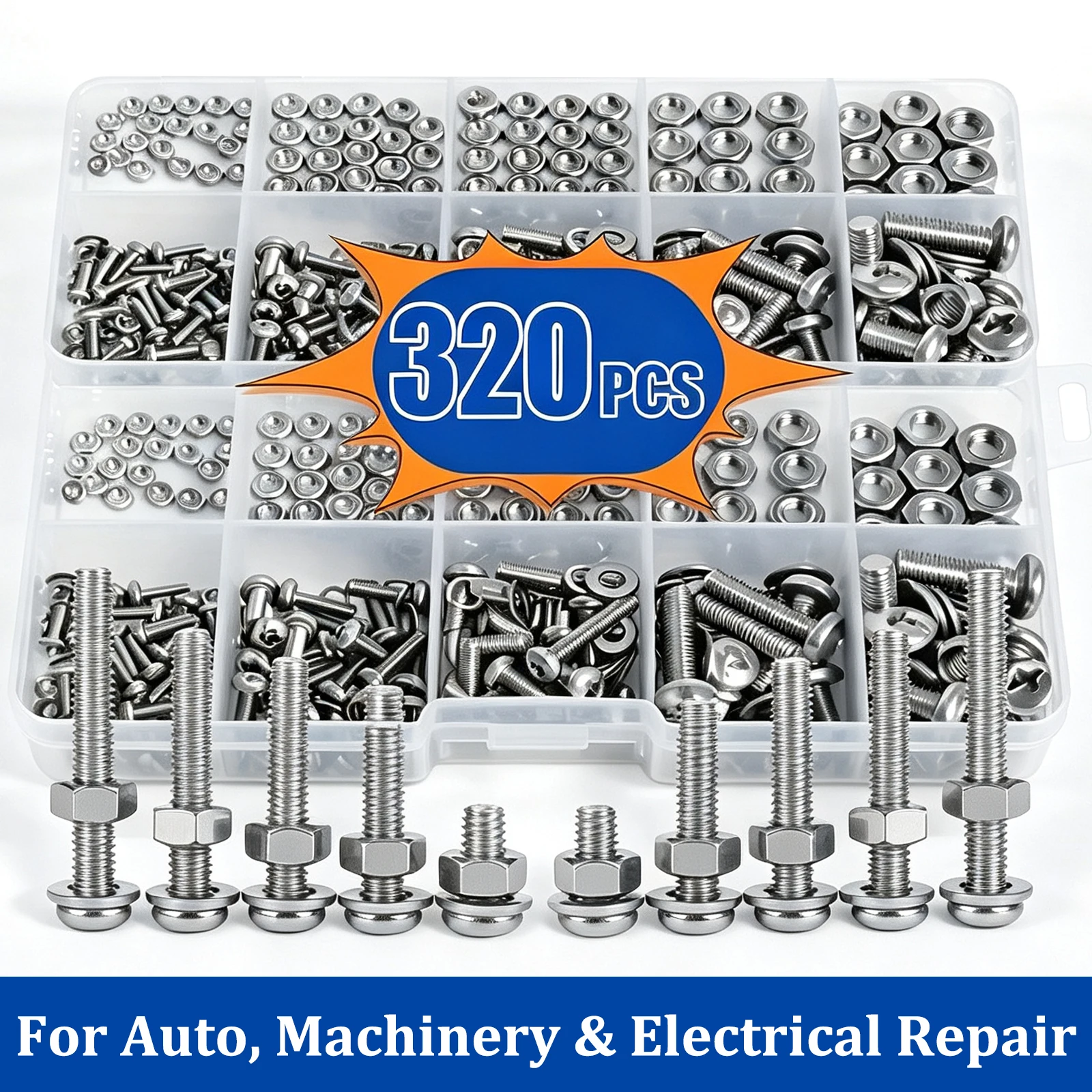 320Pcs Nylon Insert Self Lock Hex Nut Assortment Kit, Metric Anti-Vibration Lock Nuts Set for Motorcycle Car Machinery Equipment