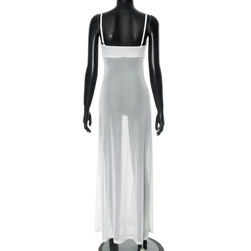 Siatkowa prześwitująca sukienka na wakacje na plaży dla kobiet Metalowa kwiatowa letnia sukienka bez rękawów bez pleców Bodycon Maxi Długie sukienki Stroje