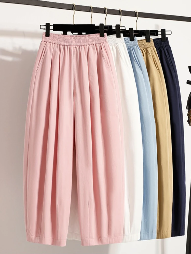 

2025 Women Plus Size Pants Summer New Arrival Fashion Solid Elastic Waist Trousers Female Wide Leg High Waisted Versatile Pants