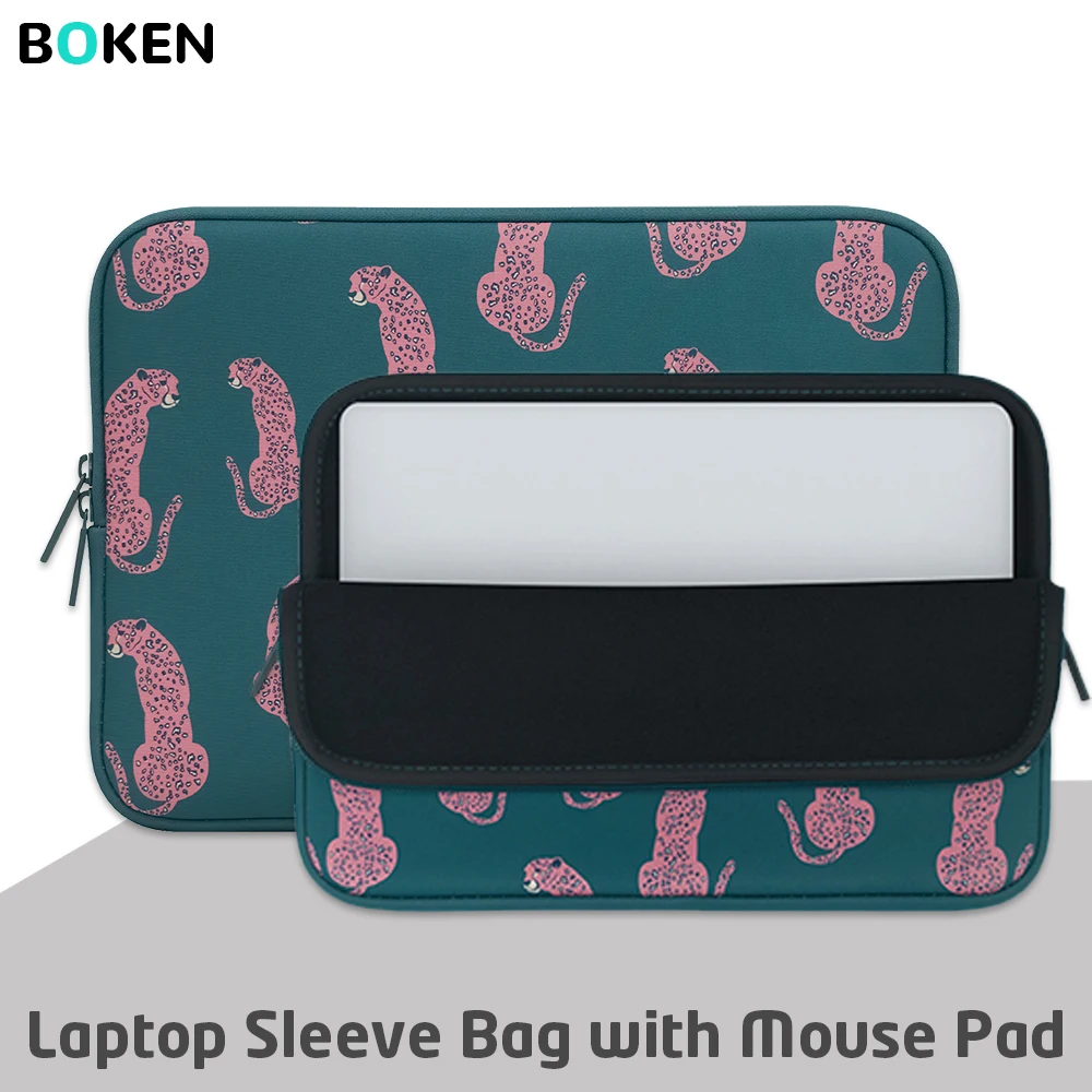 Pink Leopard Print Laptop Sleeve 13.6 15.6inch Shockproof Notebook Case Free Matching Mouse Pad for Macbook Air Pro HP Dell Leno