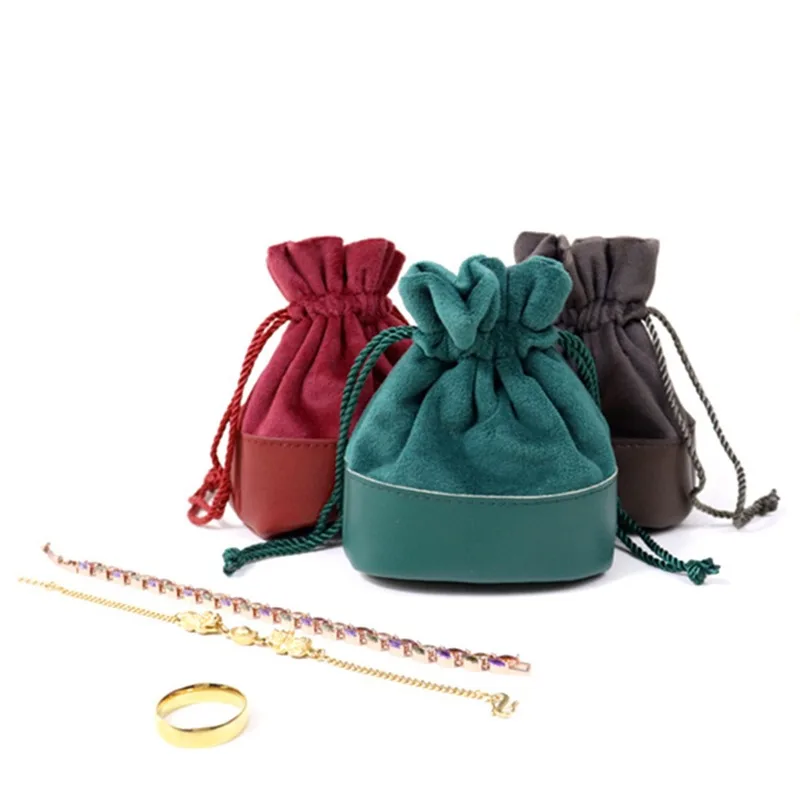 

Leather Spliced Portable Drawstring Jewelry Bag for Rings Stud Earrings Accessories Headphones and Small Items Storage Bag