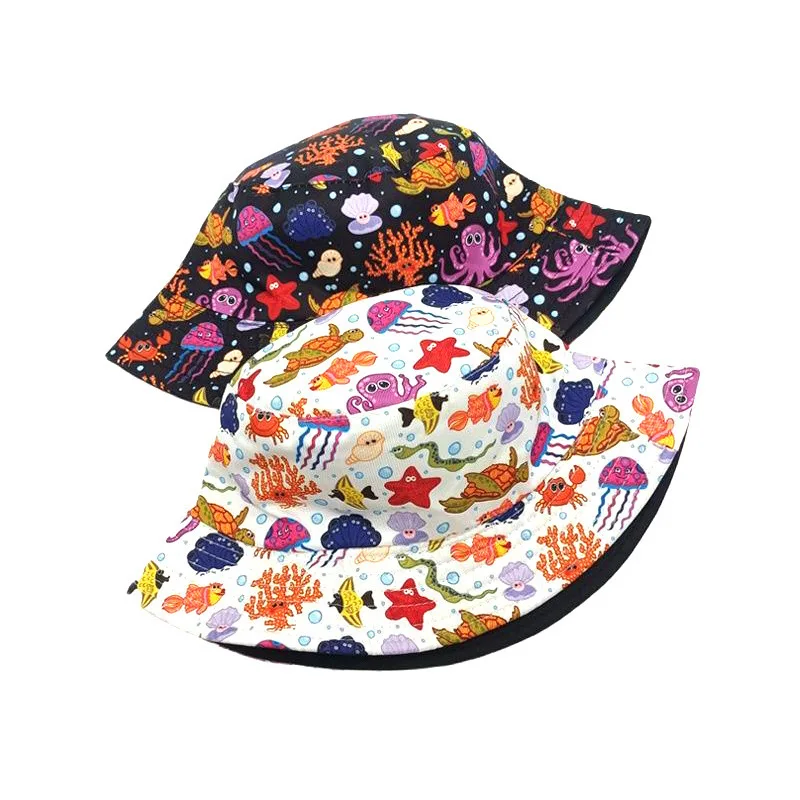 Bocca Cartoon Children Bucket Hat Underwater World Printing Fisherman Hats Boys Girls Kids Panama Cap Reversible Sunshade Sun