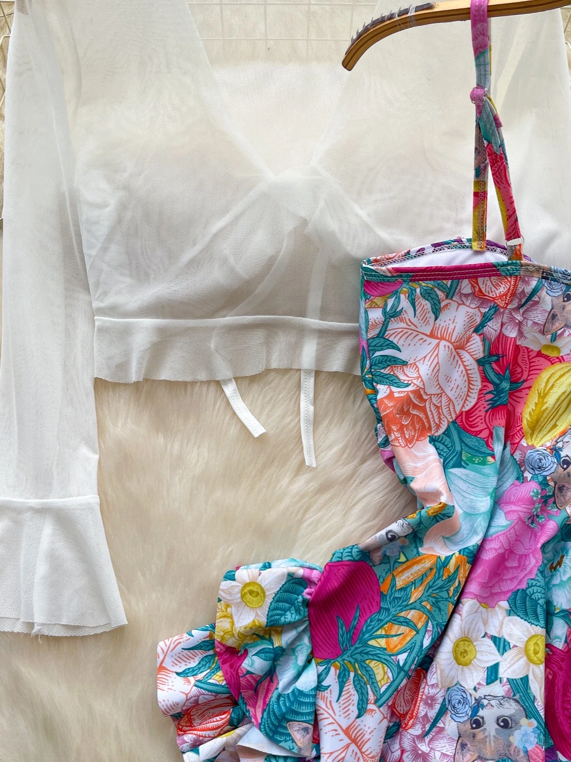 Foamlina Baju Renang Ruffles Ramping Tanpa Lengan Motif Bunga Tali Spaghetti Seksi dengan Pakaian Renang Wanita Fashion Liburan Pantai