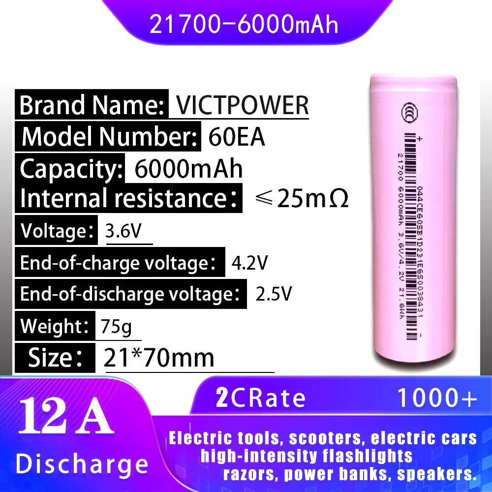 New 3.7V 21700-60Ea Rechargeable Battery 6000Mah Power Batteries, 2C Discharge, 21700 Lithium Battery Applies to Led Flashlight