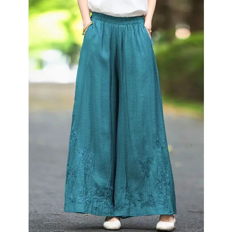 

Women's White Wide-Leg Embroidery Sheer Mesh Loose Casual Trousers High Waist Lightweight Summer Pants