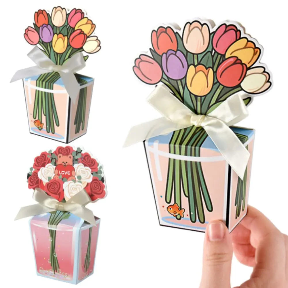 10Pcs 3D Tulip Gift Box with Ribbon Romantic Rose Packaging Box Bouquet Design Mini Floral Gift Bags Party Favors/Gift Decor