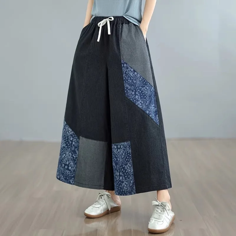 Retro Artistic Print Wide Leg Jeans for Plus Size Women - High Waist Loose Fit Summer Cropped Denim Pants j389