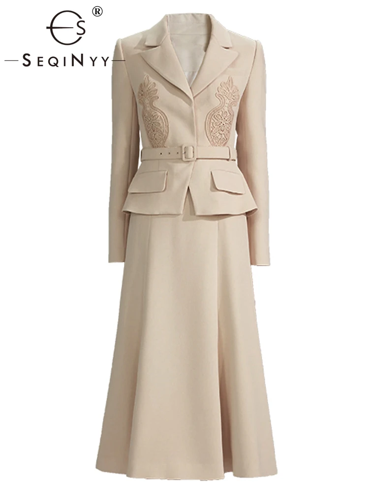 SEQINYY Beige Suit Spring Autumn New Fashion Design Women Runway High Quality Appliques Lace Flower Blazer + Midi Skirt Elegant