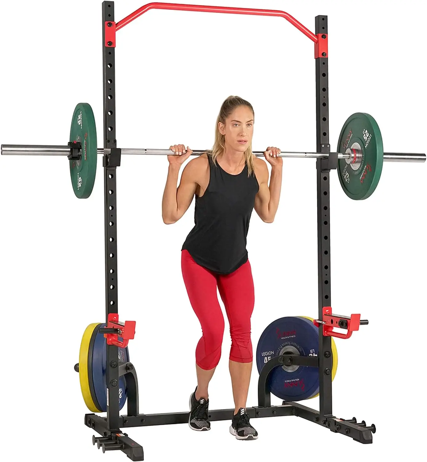 

Sunny Health & Fitness Power Zone Squat Stand Power Rack Cage With Spotter Arms, J-Hooks, Adjustable Pull Up Bar Optional Bench