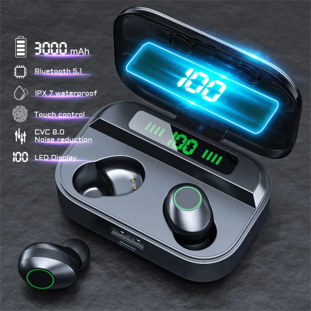 Auriculares compatibles con Bluetooth, intrauditivos estéreo deportivos resistentes al agua, inalámbricos Tws con micrófono HD con cancelación de ruido