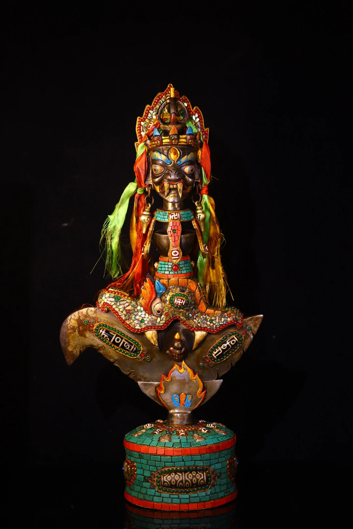 

21"Xizang Folk Collection Old Tiantie Mosaic Gem gZi Beads Turquoise Yamantaka Vajra Phurpa Base Worship Hall Town house