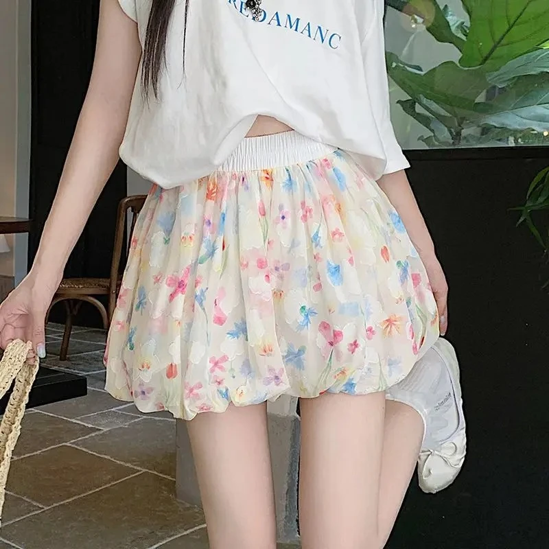 

Fragmented Flower Puffy Flower Bud Shorts for Women in Summer Small Height High Waist Loose Casual Ice Silk Wide Leg Skirt Pants