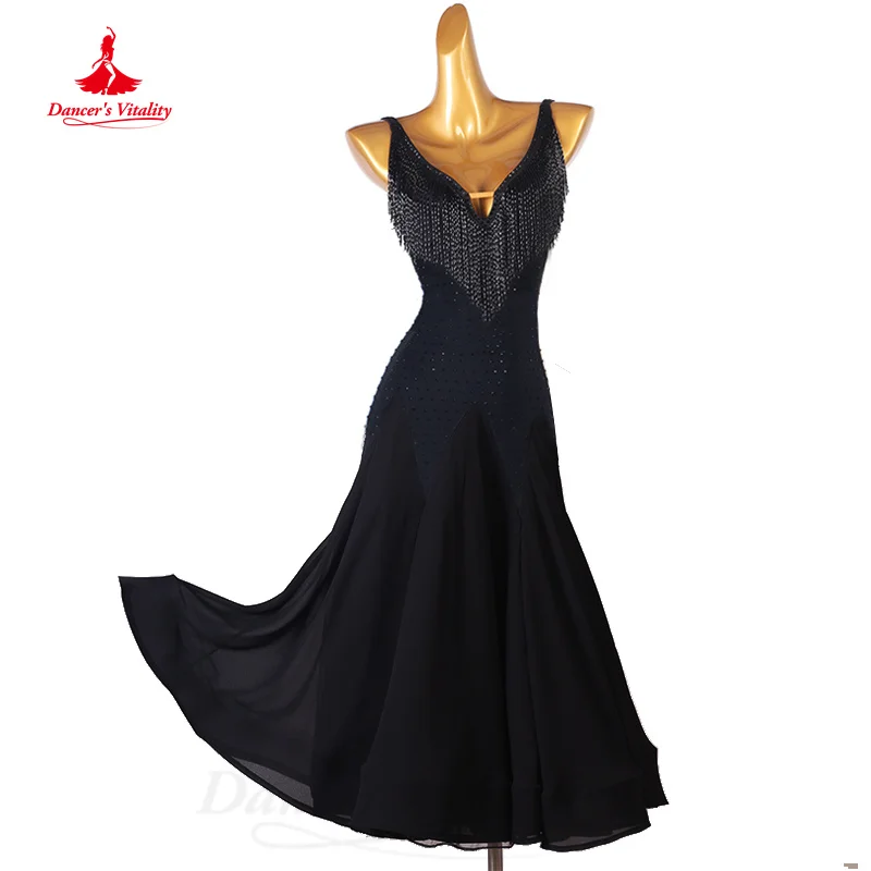 Modern Dancing Clothing Customized Black Sexy Backless Tassel Dress Chacha Tango Waltz Women Ballroom Dance Competition Dresses