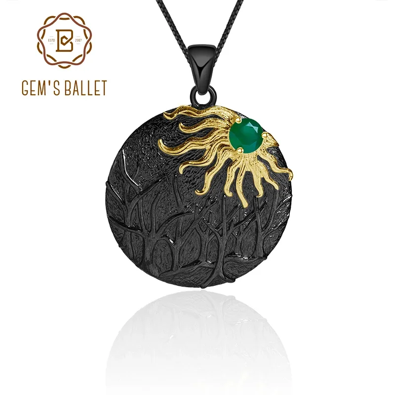 GEM'S BALLET 925 Sterling Silver Handmade Pendant Necklace For Women Sun Forest Natural Green Agate Gemstone Fine Jewelry