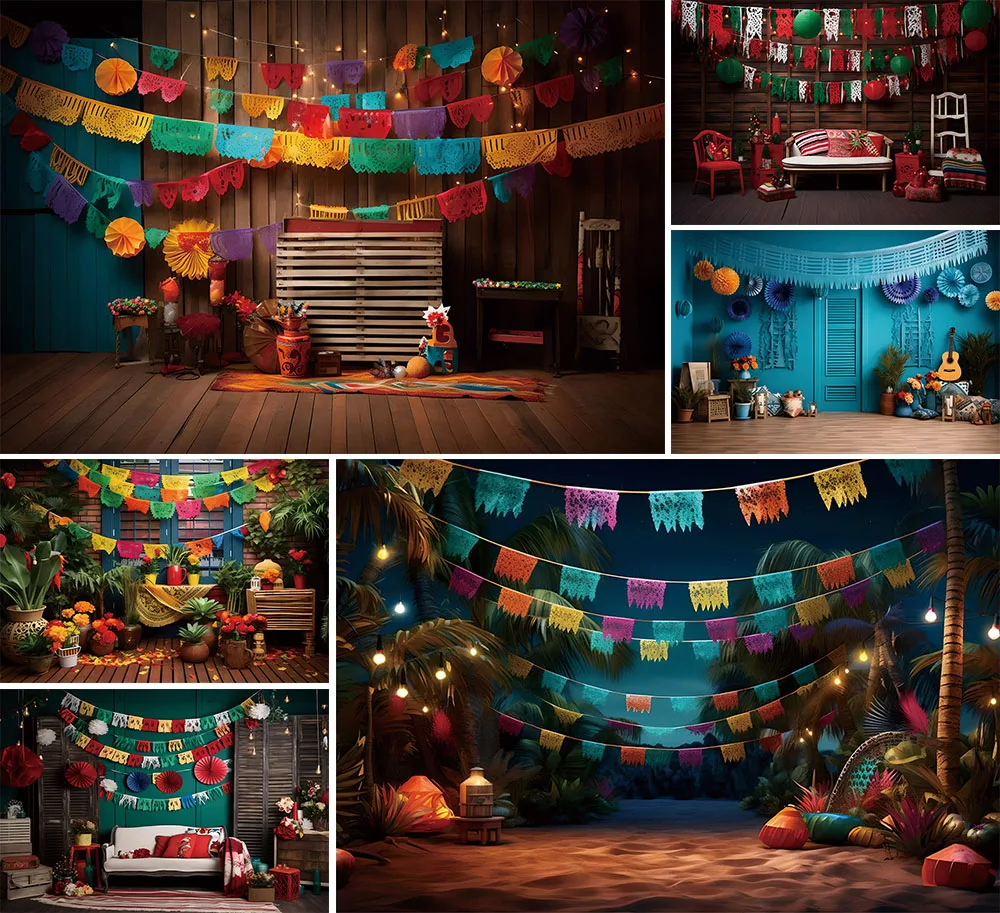Mehofond Mexico Fiesta Photography Background Wood Barn Flower Desert Cactus Guitar Flags Kids Boy Birthday Party Decor Backdrop