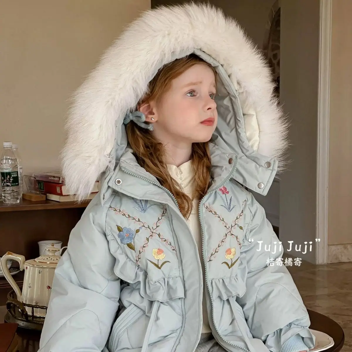 

Childrens Cotton Clothes Winter Girls Embroidered flowers Princess Party Hooded Jacket Long Coat Warm Thicken Kids Outerwear