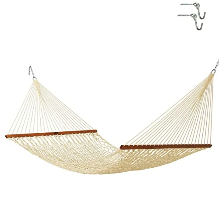 Outdoor deluxe oatmeal DuraCord rope hammock, 13 ft x 60 in, 2-person, 450 lb capacity, oak spreader bar, zinc-plated hardware,